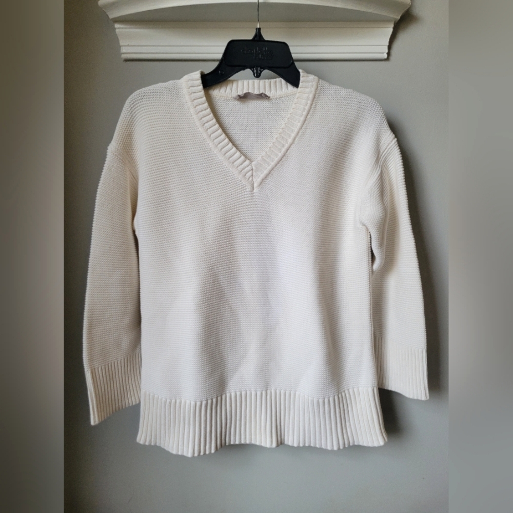 Everlane The Link Stitch V-Neck Sweater White 100% Cotton Chunky Knit Size XS